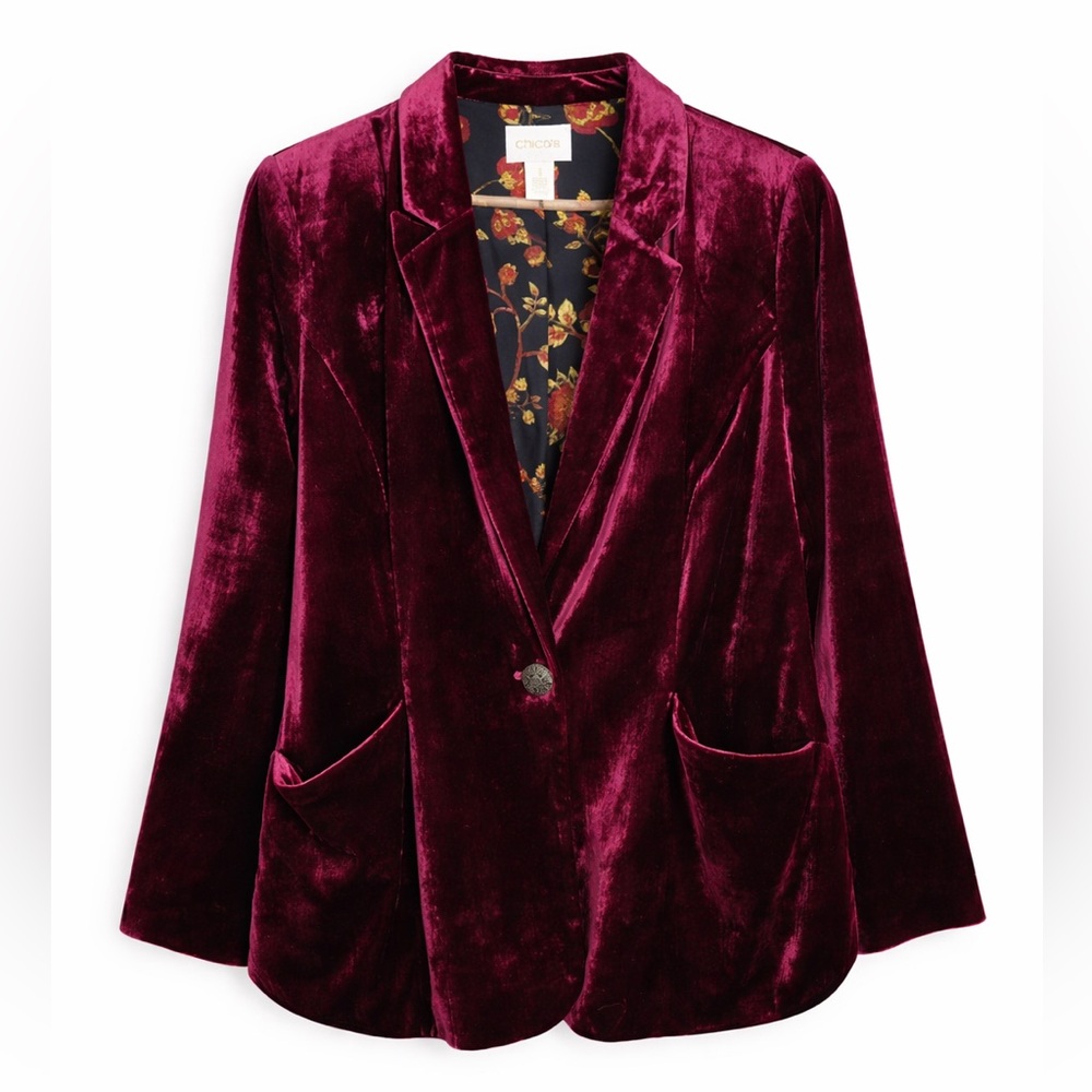 Chico’s Velvet Blazer Size M Wine Plum Burgundy Floral Lining Holiday Party